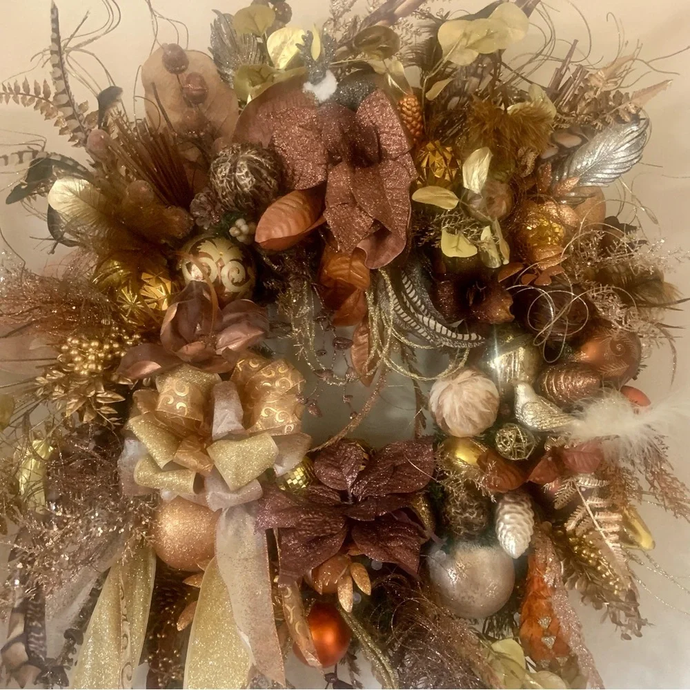 New Large 32” Elegant Floral Christmas Bronze Gold Luxury Wreath With Lights